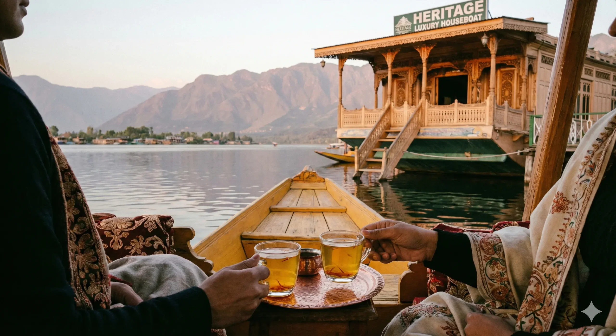 Two people enjoying saffron kahwa on a private luxury houseboat deck with views of the Nigeen Lake mountains.