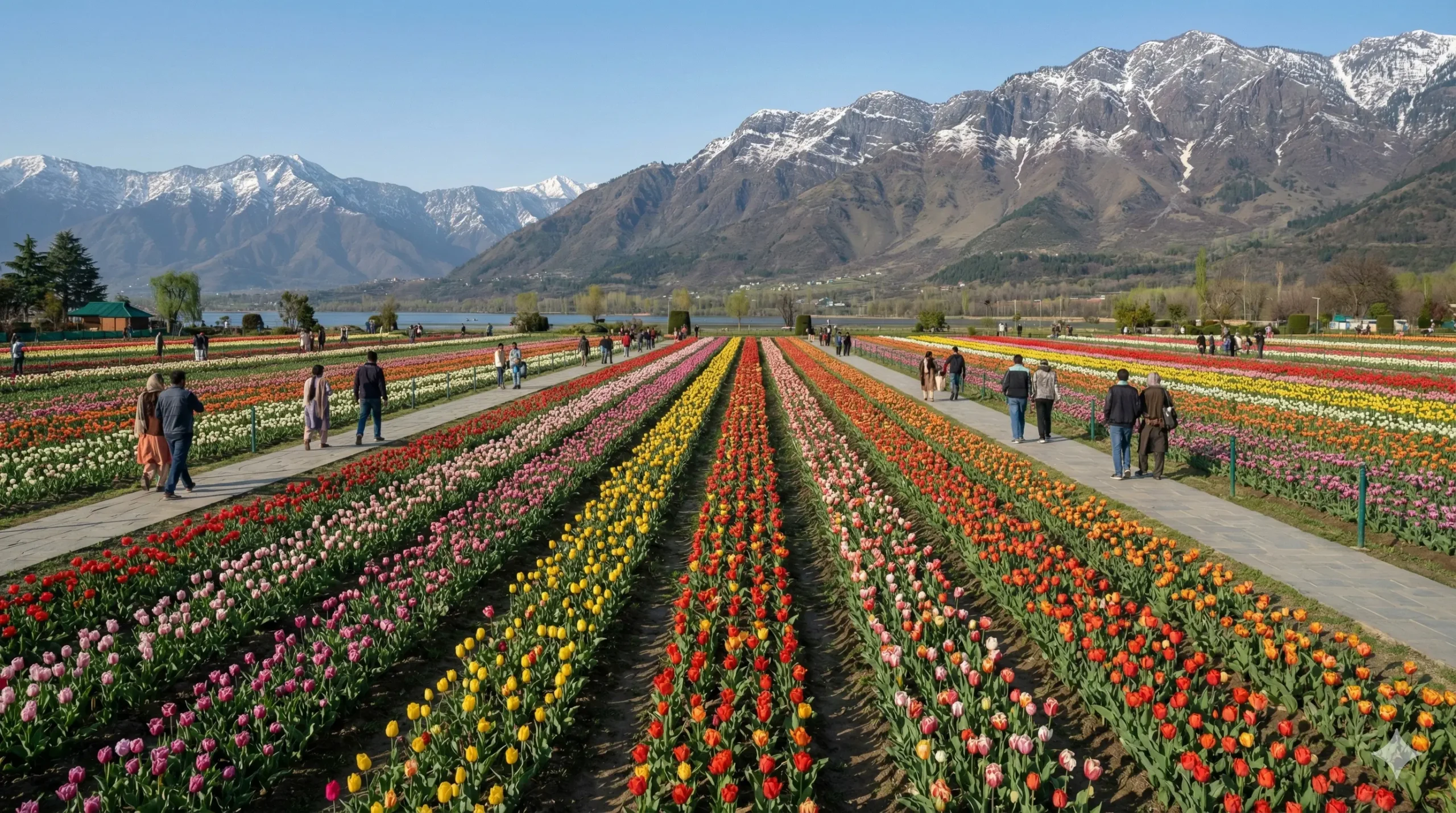 vibrant rows of tulips at the indira gandhi memorial tulip garden in srinagar with snow-capped zabarwan mountains in the background